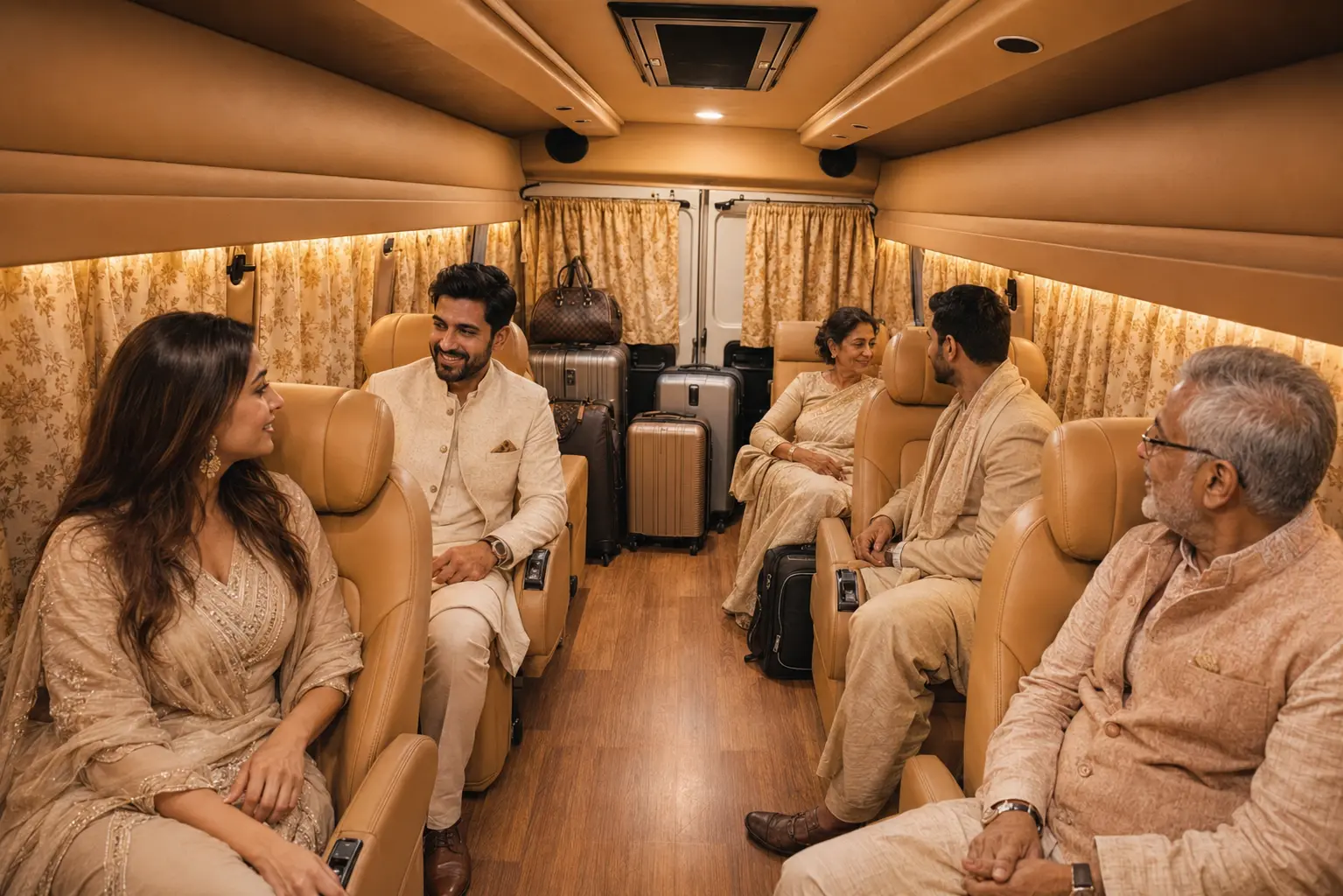 Luxury airport pickup for wedding guests in Delhi with family and suitcases