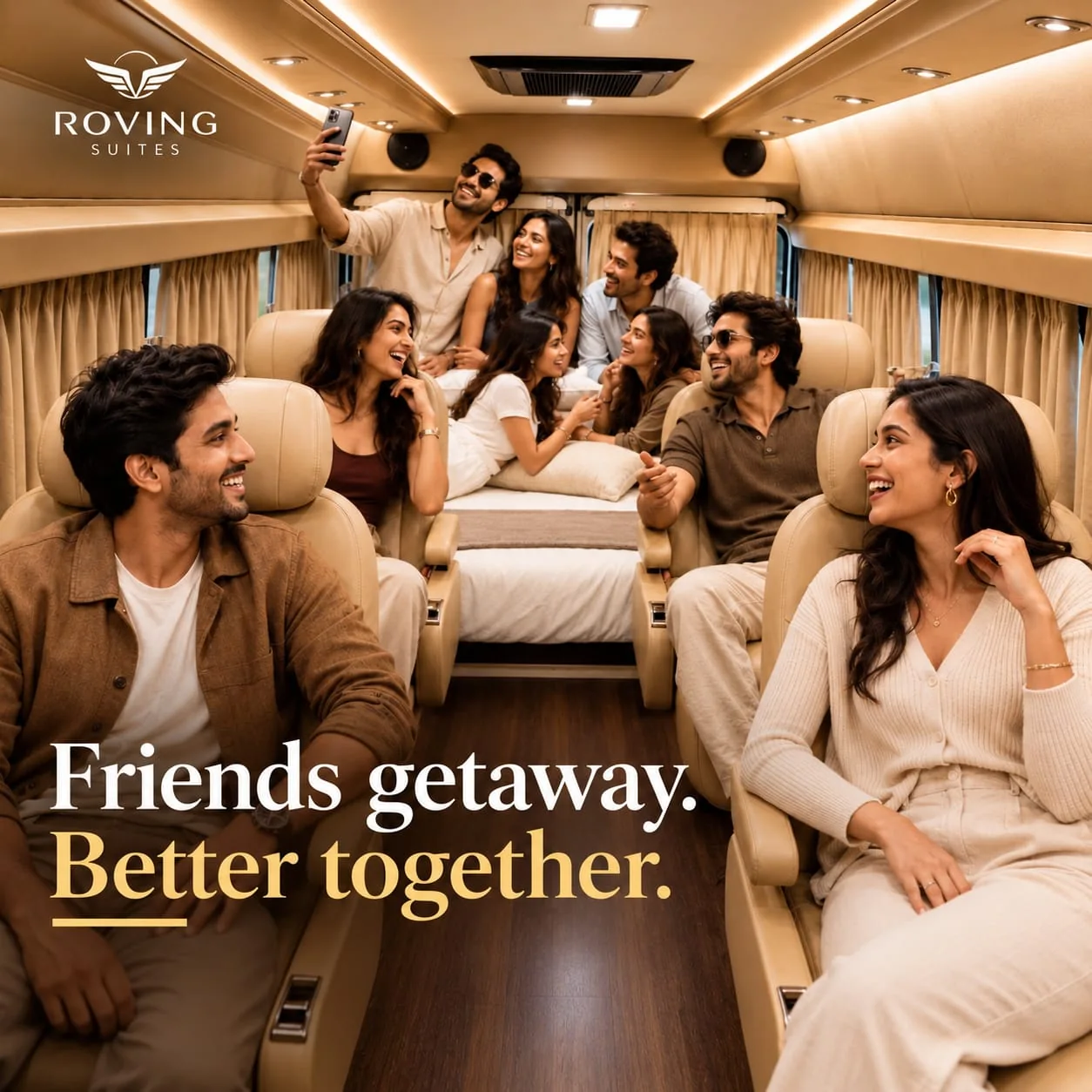 Friends spending time together inside the Roving Suites passenger cabin.