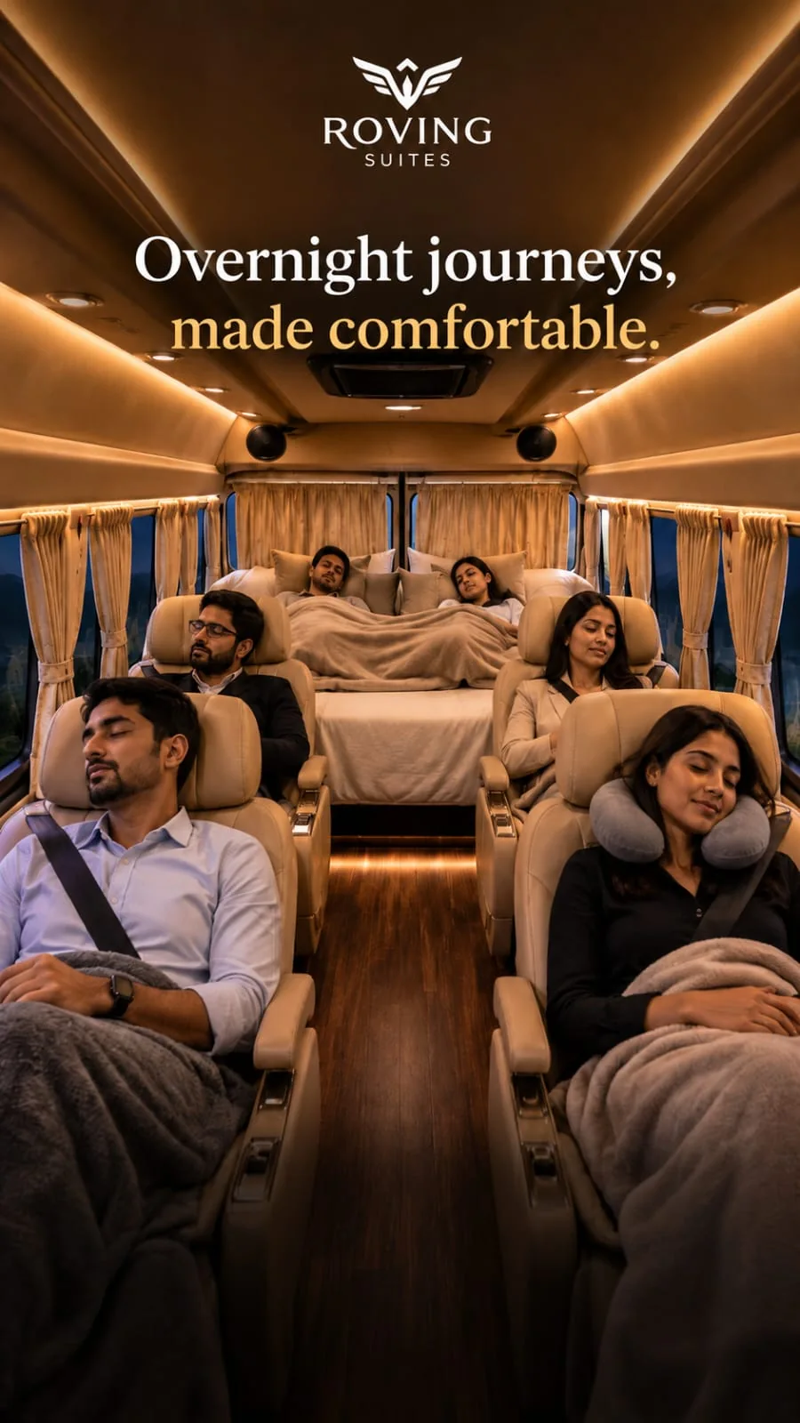 Overnight journeys creative showing reclining seats and the rear resting area, for use only while parked.