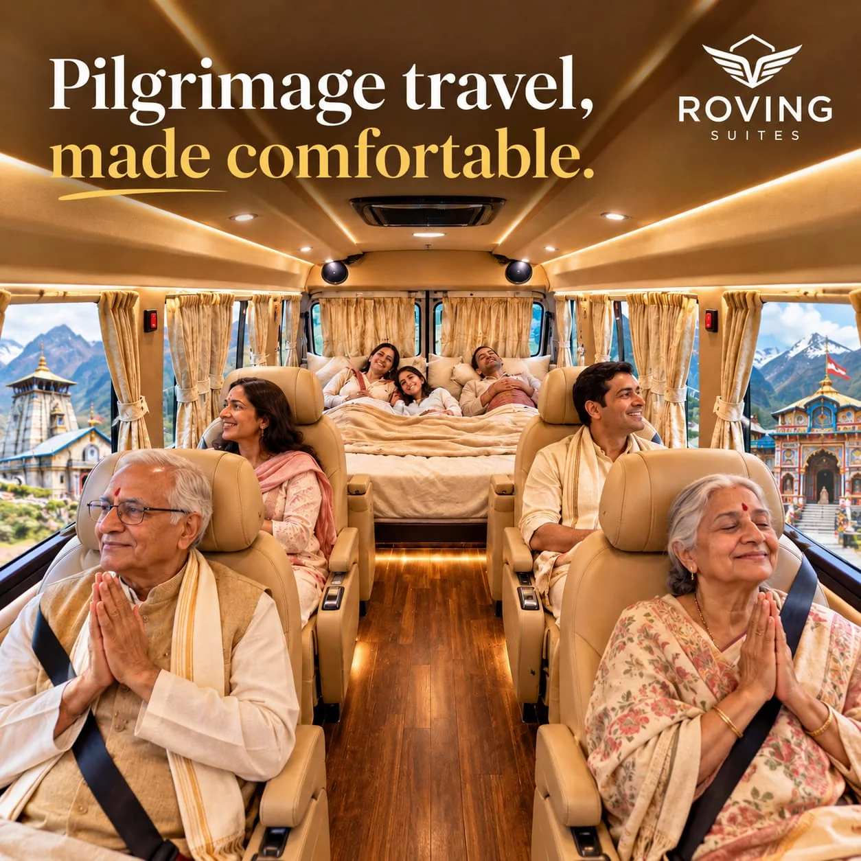 A family pilgrimage travel illustration showing the Roving Suites cabin and mountain temples.